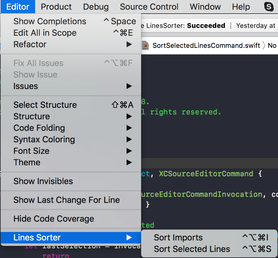 Xcode Extension Tutorial: Getting Started - Locating Command in Xcode Editor Menu